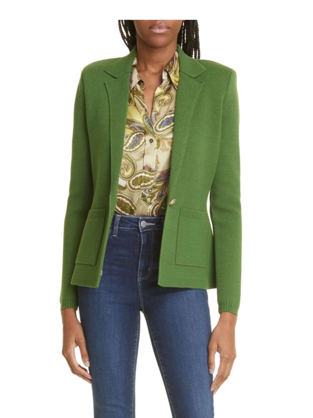 L'AGENCE Chamberlain Knit Blazer Green Waffle Cardigan Jacket Gold Button Medium